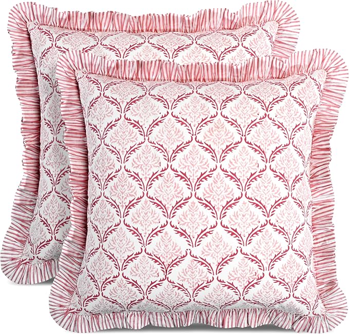 CPC Blush Rose Hand Block Print 100% Cotton Ruffle Throw Pillow Cover 18x18 inch with Hidden Zipper Decorative for Couch, Bed, Sofa, Farmhouse, Cottagecore Decor Gift Christmas Fall Thanksgiving