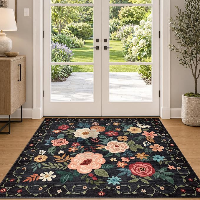 DUKINO 4x4 Square Area Rug, Soft Floral Washable Rug for Entryway, Black | Non Slip, Low Pile, Stain Resistant Indoor Rug for Kitchen, Bedroom, Living Room, Nursery, Pet Friendly, Modern Home Decor