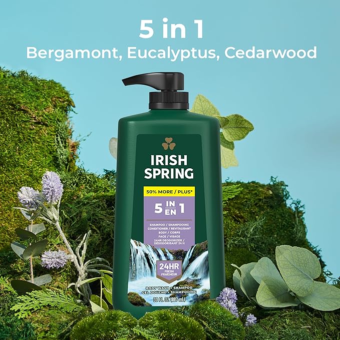 Irish Spring 5 in 1 Body Wash for Men | 24 Hour Freshness | For Body Face Hair | Biodegradable Ingredients | 30 Oz Pump 2-Pack