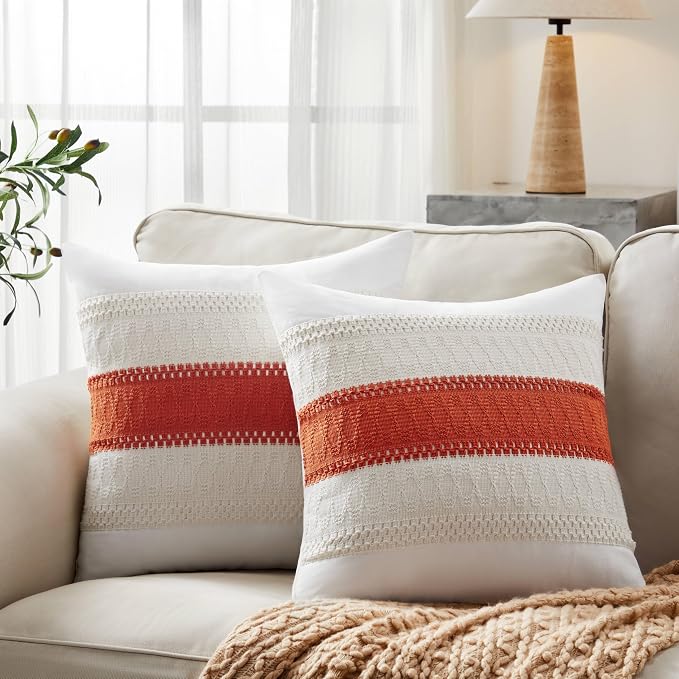 2pk Boho Pillow Covers 16x16, Natural White/Contrast/Orange | 100% Organic Cotton Body, Stripe Embroidery, Farmhouse Decorative Cushion Covers for Sofa Bed Living Room Home Decor