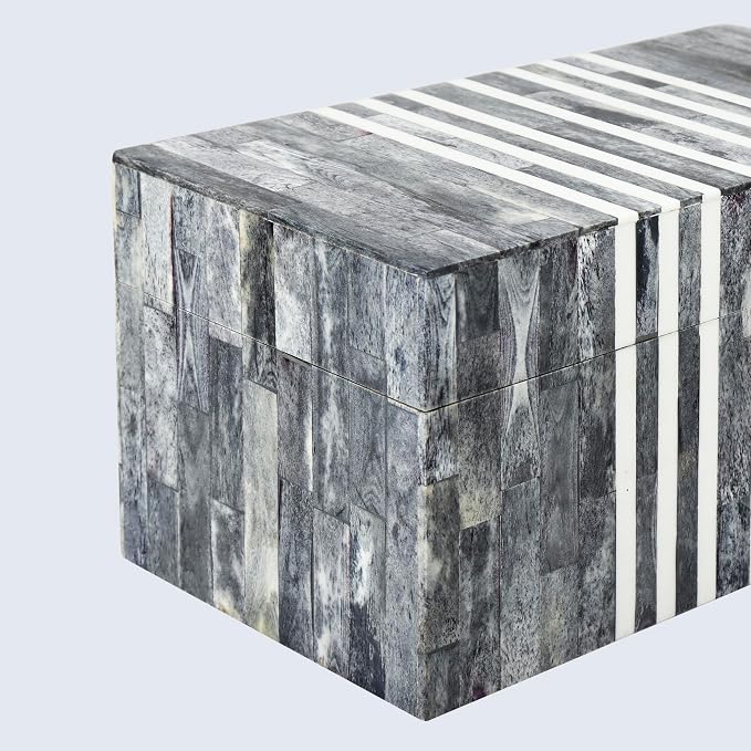 Handicrafts Home Large Decorative Storage Box with Lid, Patisserie Cafe Stripe Pattern Memory Keepsake Box, Deep Storage Organizer for Coffee Table Decor, Wooden Gift Storage Box, Grey & White, 10x5x5
