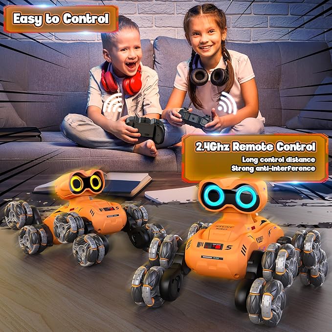 Robot Toy, 8 Wheels Stunt Robot Toys with 2.4Ghz, Auto-Demonstration, 360° Rotation, LED Eyes，Easy Kid-Friendly Controls for Indoor/Outdoor Play, Gifts and Toys for Kids Aged 8-13, Orange