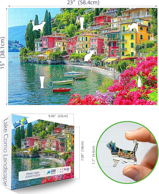 Blueforest 500 Piece Puzzle for Adults, Italian Lake Como Jigsaw Puzzle, 23x15 Inch Unique Shaped Pieces Art Puzzle, Hard Difficult Challenging Fun Puzzles