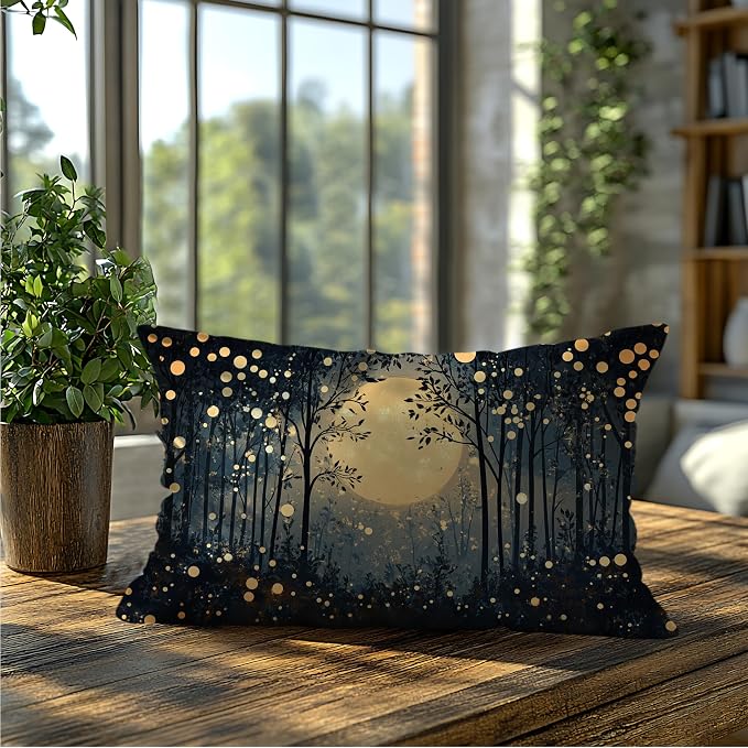 Vintage William Morris Inspired Gold Moon Pillow Covers 20x12,Rustic Black and Gold Forest Moon Botanical Nature Landscape Decorative Throw Pillow Covers for Home Bedroom Living Room
