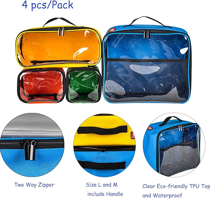 4-piece Kids Toy Storage Organizer Set Bag for Lego Building Bricks with See Through Clear TPU Top, Small Toy Packing Cube Bags, Clean Up Container case(blank pattern)