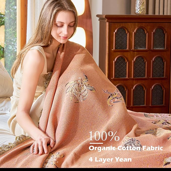 VANJOROY Boho Throw Blanket 80" x 90", 100% Organic Cotton Breathable Skin-Friendly Ultra Soft Bed Quilt Throw - Floral Rustic Decor Luxury Reversible Blanket for Sofa Couch Chair and Gift,