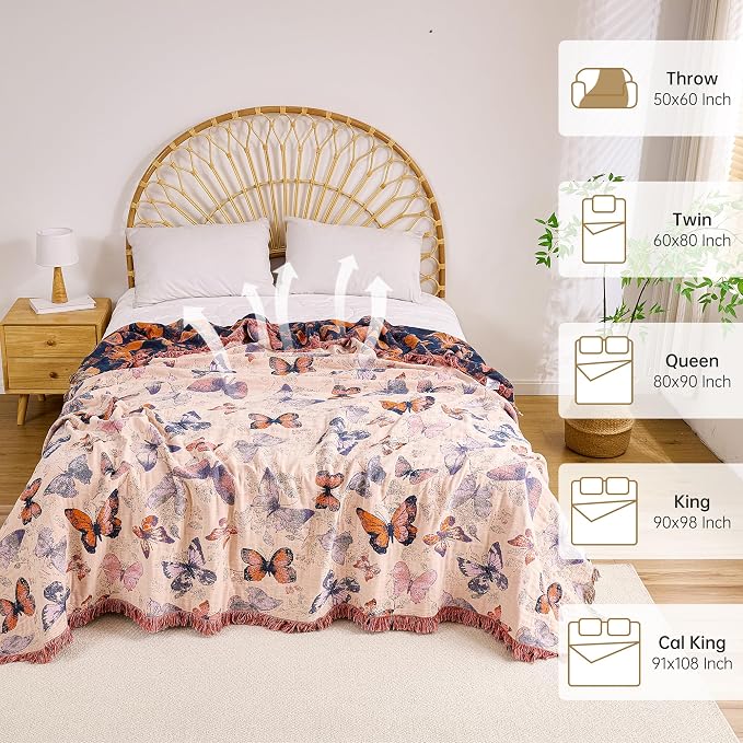 VANJOROY Boho Throw Blanket King, 100% Organic Cotton Breathable Ultra Soft 91" x 98" Bed Quilt Throw - All Season Floral Rustic Farmhouse Decor Luxury Reversible Blanket for Sofa Couch Chair and Gift