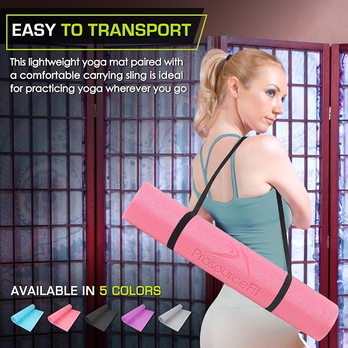ProsourceFit Original Yoga Exercise Mat 1/4” (6mm) Thick for Comfort and Stability with Carrying Straps, Non Slip –Multiple Colors