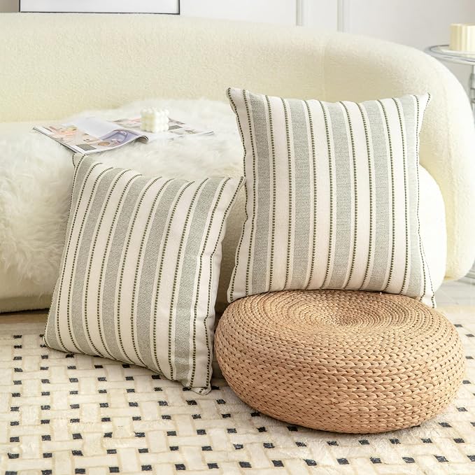 Cethom Decorative Boho Throw Pillow Covers, Farmhouse Textured Pillow Case, 20 x 20 Inch Set of 2, Chair Sofa Bedroom Living Room Home Decor Couch Cushion Case, Olive Green and Beige Striped