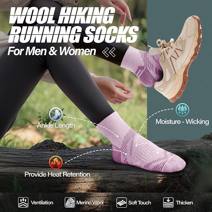 ANTSANG 6 Pairs Merino Wool Quarter Ankle Hiking Running Socks Compression Thermal Thick Cushion Socks for Women Men