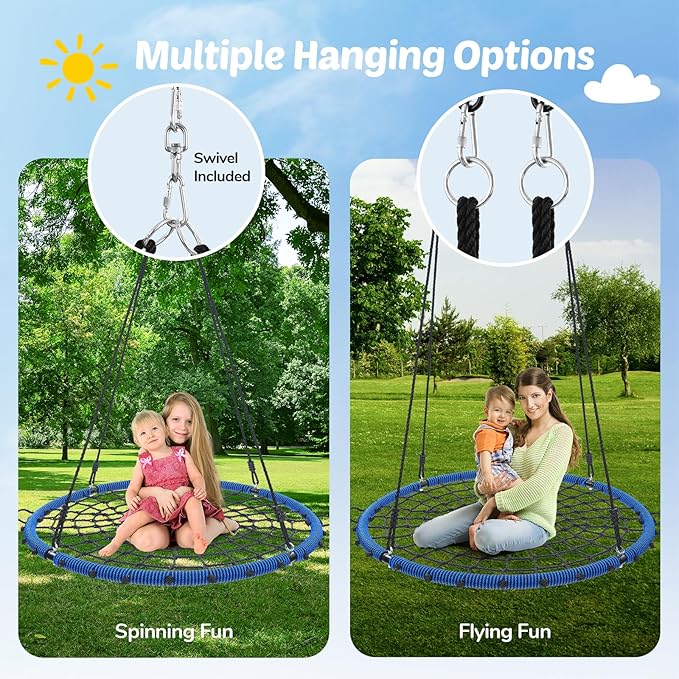 Trekassy 45" 750lbs Spider Web Tree Swing for Kids & Adults, Outdoor Steel Frame Saucer Net Swing with Swivel, Adjustable Ropes + 2 Tree Hanging Straps - Blue (Patented)