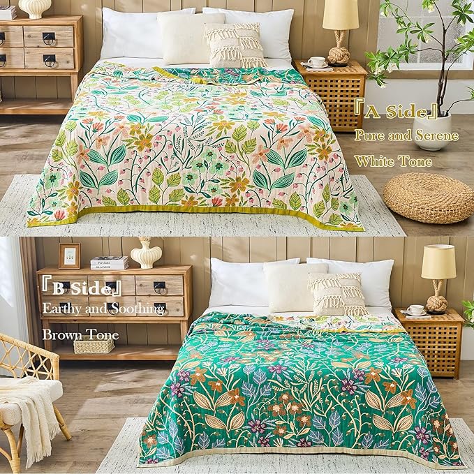 XIBLC Boho Throw Blanket 100% Cotton Vintage Blanket Muslin Woven Flower Decorative Throw Blankets All Season Bohemian Rustic Farmhouse Decor Quilt for Bed (Beige 90"x98")