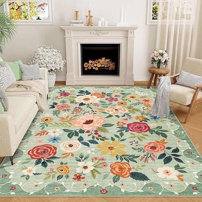 DUKINO 4x6 Area Rug, Floral Washable Rug Non Slip Office Chair Mat, Green | Low Pile, Stain Resistant, Soft Indoor Rug for Bedroom, Living Room, Dining Room, Kids Room, Pet Friendly, Modern Home Decor