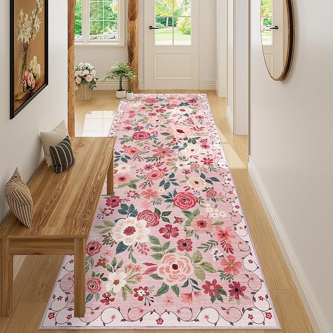 DUKINO 3x8 Kitchen Runner Rug, Washable Rug for Hallway Non Slip, Pink | Soft, Low Pile, Floral Indoor Carpet Runner for Hallway, Entryway, Bedroom, Bathroom, Laundry, Pet Friendly, Home Decor