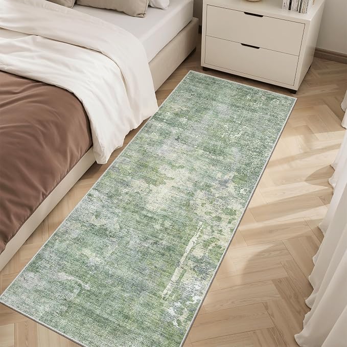Soalmost Abstratc Runner Rug 2x6 Kitchen Hallway Runners Green/Ivory | Low-Pile Washable Rugs for Entry Bathroom Laundry Room, Vintage Foldable Floor Carpet Mat Entryway for Corridor Bedroom
