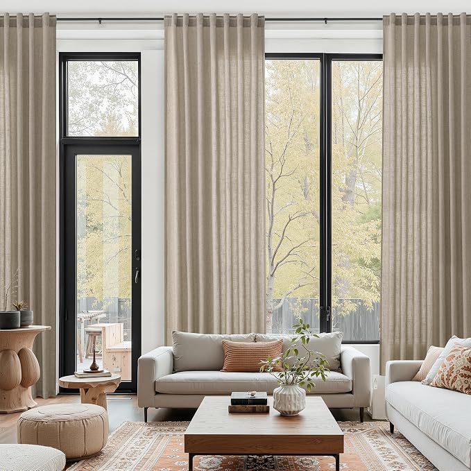 Cobblestone Linen Curtains 132 Inch Length for Living Room Light Filtering Semi Sheer Curtain Back Tab Modern Farmhouse Decor Elegant Drapes Floor to Ceiling High Window for Bedroom 52x132, 2 Panels
