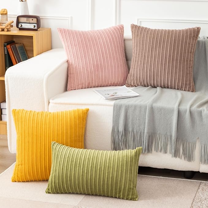 UGASA Soft Velvet Stripe Decorative Lumbar Pillow Cover 1 Pack Solid Corduroy Textured Euro Oblong Cushion Case for Couch Bedroom Sofa Farmhouse, 12x20 Inch, Light Brown