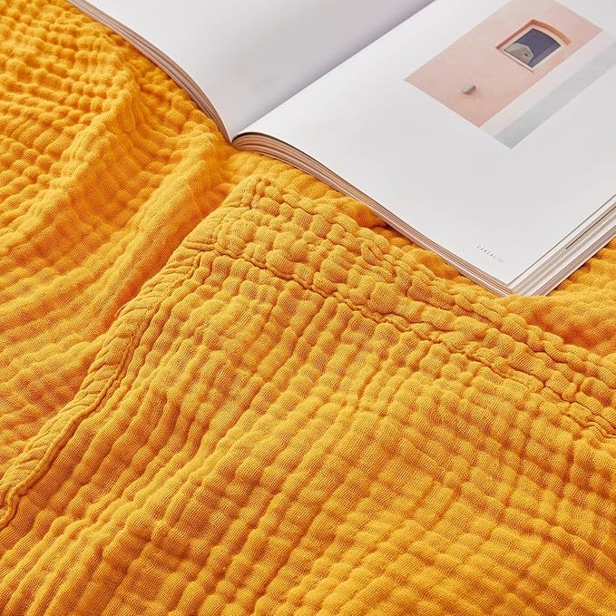 EMME Muslin Blankets for Adults Throw Blanket for Couch Breathable Gauze Soft Lightweight Airy Mustard Yellow Throw XL 50" x 71"