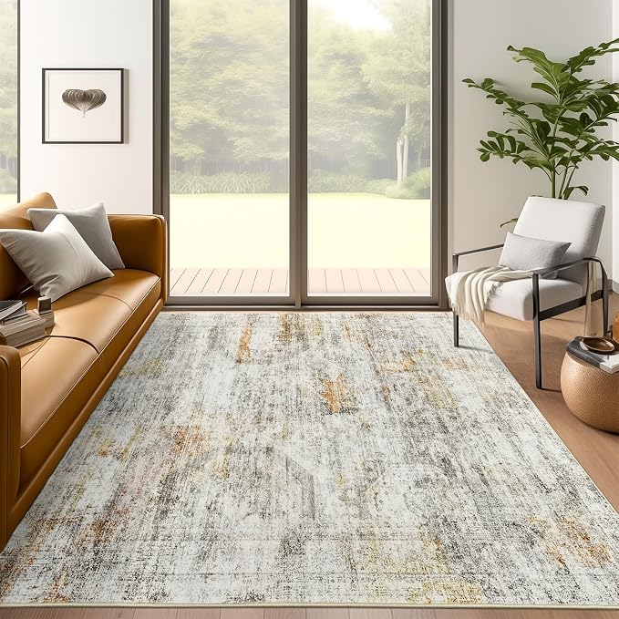 Soalmost 5x7 Area Rugs Grey/Rust Low Pile Washable Trendy Faded Style Rug | Vintage Non-Slip Indoor Accent for Bedroom Dining, Foldable Stain Resistant Floor Carpet Mat Under Table Home Office Decor
