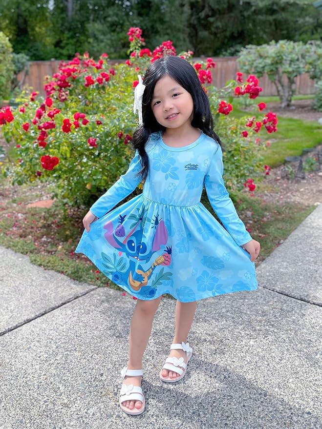 Disney Frozen Elsa Stitch Princess Minnie Mouse Toddler Girl Dresses 2 Pack Ruffle Long Sleeve Dress Set (3 Months - 6 Years)