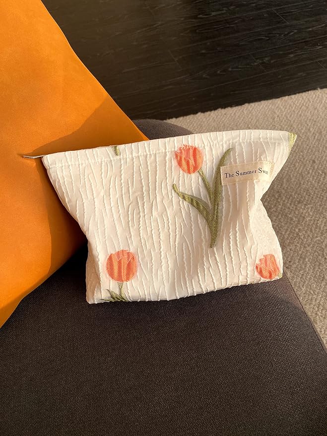 The Summer Swan | Large Aesthetic Makeup Bag Preppy Skincare Organizer Floral Mid-day Clutch Period Kit Hygiene Cute (Tulip)