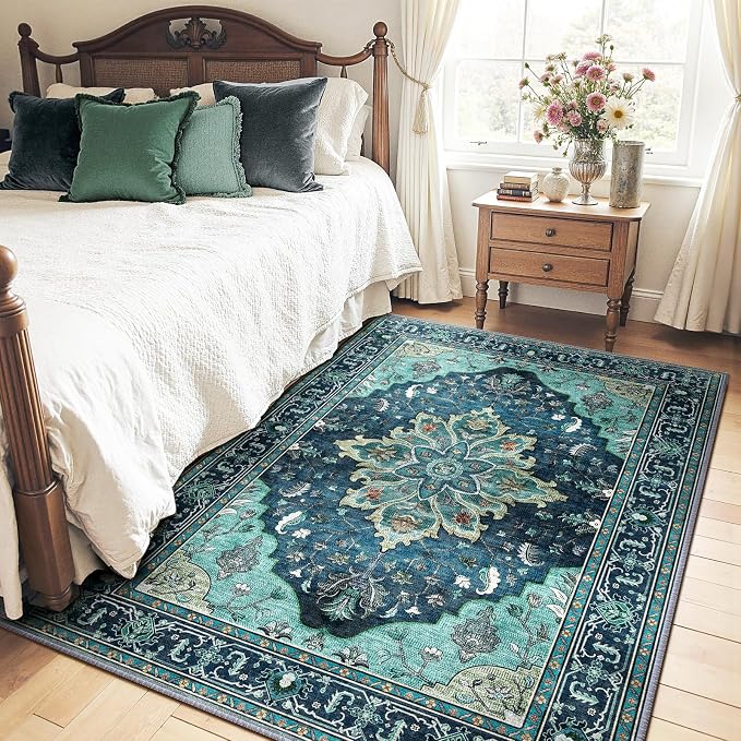 RELEANY Area Rugs 4'x5' Washable Non-Slip, Floral Vintage Distress Medallion Carpet for Living Room Bedroom Dining Room, Teal Green Lake Blue Turquoise