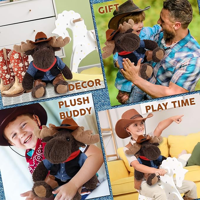 DolliBu Red Plaid Hoodie Moose Stuffed Animal Cowboy Plush with Name Personalization - Western-Themed Moose Plush with Cute Cowboy Costume Denim Shirt Vest, Bandana, Leather Pants, and Hat - 10 Inches