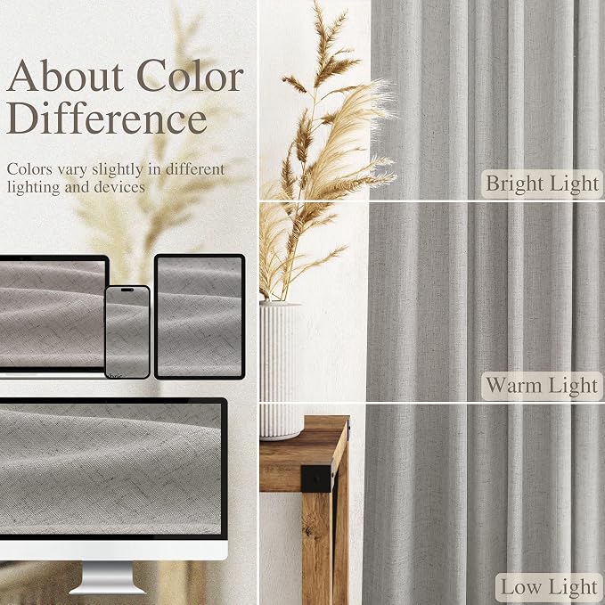Nanspring Light Gray Linen Curtains 102 Inches Long for Living Room Modern Farmhouse Decor Rod Pocket Back Tab Light Filtering Boho Semi Sheer Grey Curtain for Bedroom 52x102, 2 Panels