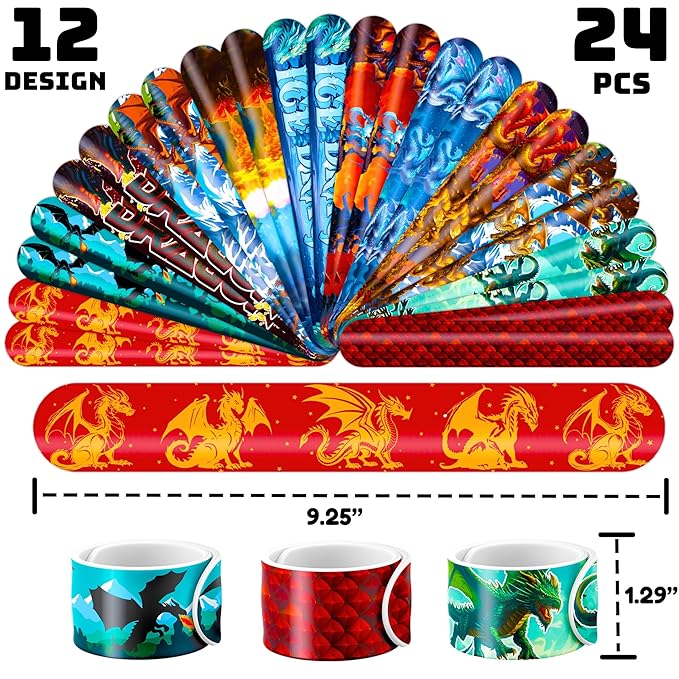 72PCS Dragon Party Set – 48PCS Temporary Pre - cut Tattoos & 24PCS Slap Bracelets – Fun Fantasy - Themed Birthday Supplies, Baby Shower Gifts, Classroom Rewards & Party Decor for Kids (Boys & Girls)