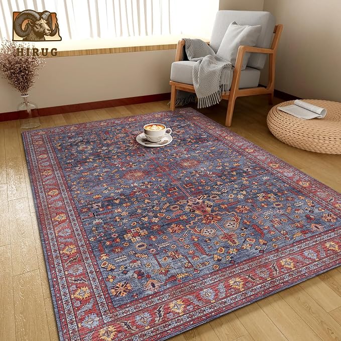 Washable Area Rug 9' x 12' Vintage Traditional Persian Mat - Foldable Distressed Non-Slip Machine Washable Carpet for Living Room Bedroom Kitchen Home Decor - Indigo and Crimson