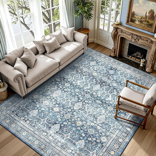 6x9 Area Rugs for Living Room Bedroom, Blue Washable Non-Slip Carpet | Soft Area Rug for Dining Room Home Office Indoor Nursery, Stain Resistant, Low Pile, Vintage Boho Distressed Rug