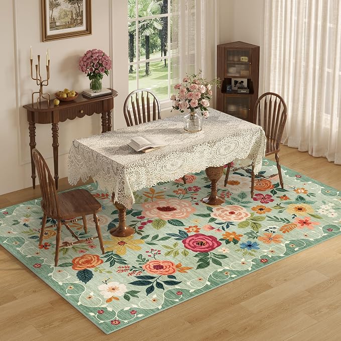DUKINO 4x6 Area Rug, Floral Washable Rug Non Slip Office Chair Mat, Green | Low Pile, Stain Resistant, Soft Indoor Rug for Bedroom, Living Room, Dining Room, Kids Room, Pet Friendly, Modern Home Decor