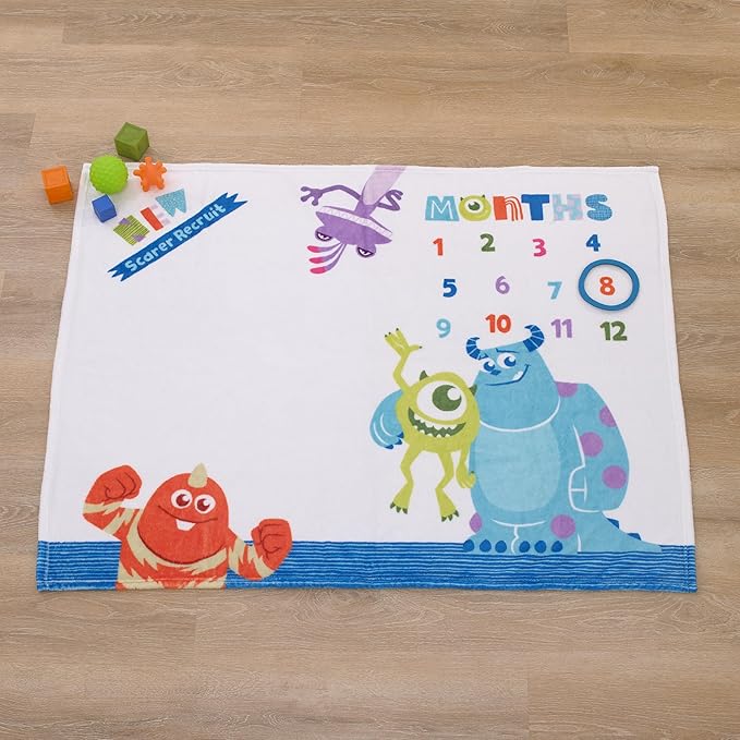 Disney Monsters, Inc. White, Blue, and Green, New Scarer Recruit Super Soft Photo Op Milestone Baby Blanket