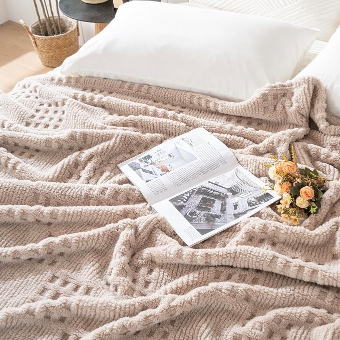 Waffle Brown Throw Blanket -Fluffy Fleece, Neutral Tan Color, Cute & Aesthetic, Perfect for Sofa, Couch, Chair, Bed, Living Room & Bedroom, All-Season Use, Plush & Cozy Decorative Blanket 50x60