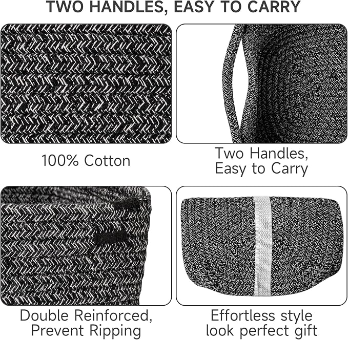 3 Pack Small Storage Baskets for Organizing, 11.8×7.8×5.1", Mixed Black | Woven Baskets for shelves, Cotton Rope Basket for Gifts Empty, Closet Organizer Bins with Handles, Cube Decorative Box