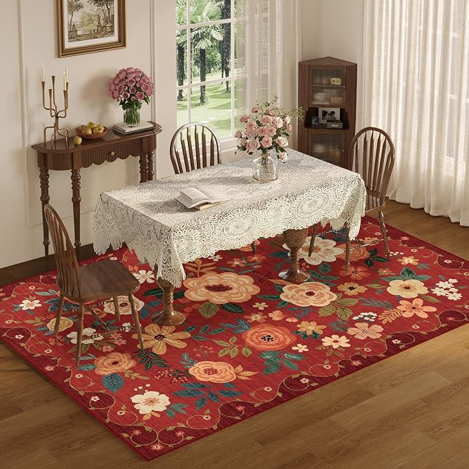 DUKINO 5x7 Area Rugs, Floral Washable Rug for Living Room Non Slip, Red | Soft, Low Pile, Stain Resistant Indoor Rug for Bedroom, Dining Room, Office, Pet Friendly, Lightweight, Modern Home Decor