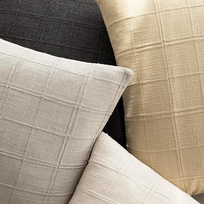 Foindtower Set of 2 Decorative Linen Check Throw Pillow Covers Neutral Farmhouse Vintage Cushion Covers Modern Coastal Boho Home Decor for Sofa Chair Couch Bedroom Living Room,24×24 Inch,Light Grey