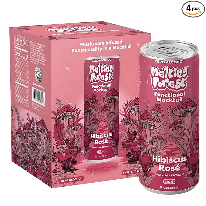 Melting Forest Functional Mocktail Hibiscus Rose – Alcohol-Free, Euphoric Adaptogen Drink with Reishi, Antrodia, Lion’s Mane, Ashwagandha – 10 Calories, Vegan, Gluten-Free (4 Pack)