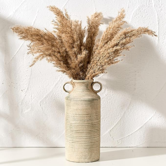 Vaseking Ceramic Rustic Vase with 2 Round Handles, Antique Farmhouse Flower Vase, Vintage Terracotta Vases for Home Decor, Wedding, Living Room, Table, Shelf Decor - 10.2 Inch Tall, Terra