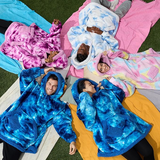 Giggling Getup Wearable Blanket Hoodie for Adults Gifts for Teen Girls Sister Women Sherpa Fleece Printed Hooded Blanket Sweatshirt Warm Cozy with Pocket & Sleeves Cotton Candy Tie Dye