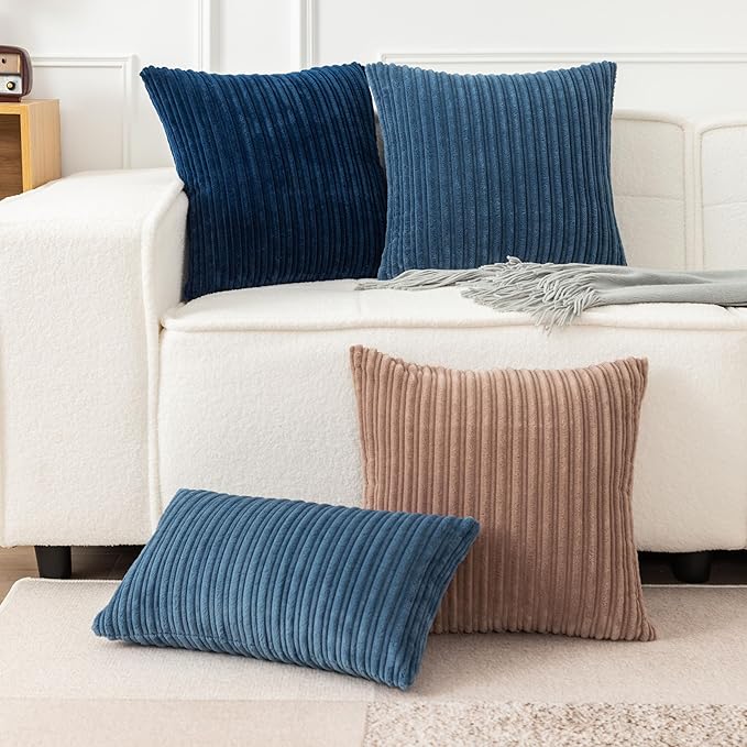 UGASA Velvet 12x20 Inch Lumbar Soft Throw Pillow Covers Decorative Corduroy Striped Both Sides Solid Rectangular Cushion Cases Boho Farmhouse for Couch Bedroom Sofa Home, Pack of 2, New-Dusty Blue