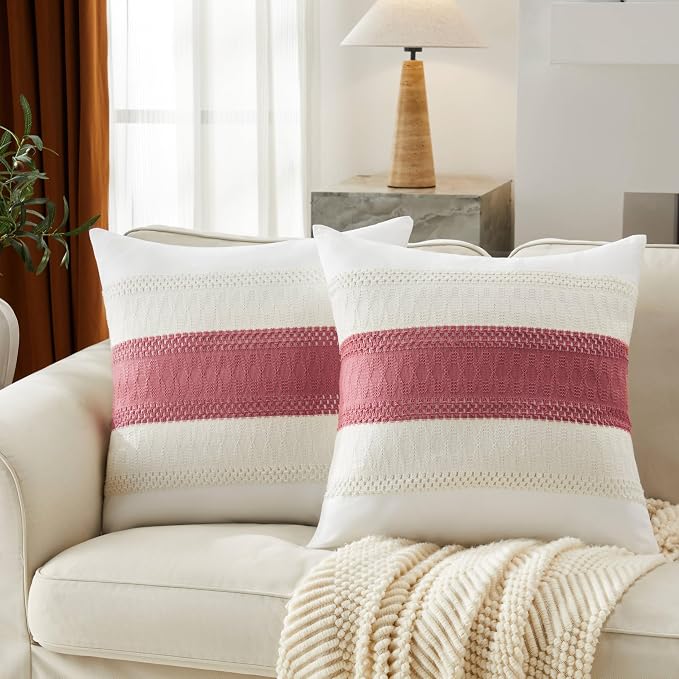 2pk Boho Pillow Covers 24x24, Natural White/Contrast/Dusty Pink | 100% Organic Cotton Body, Stripe Embroidery, Farmhouse Decorative Cushion Covers for Sofa Bed Living Room Home Decor