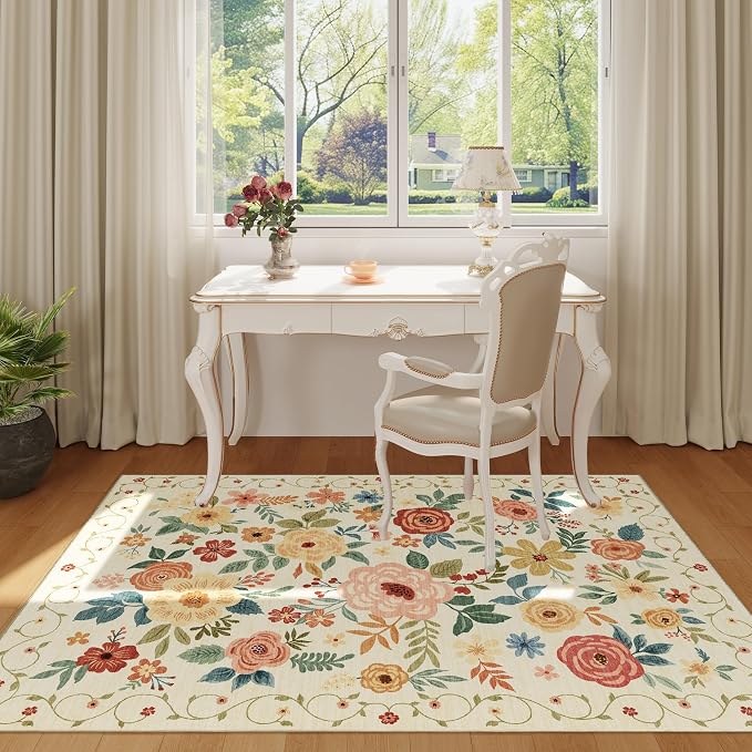 DUKINO 3x5 Area Rug, Floral Washable Rug for Bedroom Non Slip, Beige Yellow | Soft, Stain Resistant Low Pile Indoor Rug for Entryway, Bedroom, Bathroom, Living Room, Pet Friendly, Home Decor, Lightweight