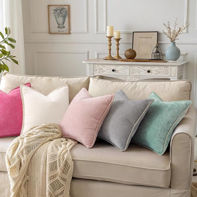 decorUhome Soft Chenille Throw Pillow Covers 24x24 Set of 2 Neutral Gray | Fall Textured Decorative Throw Pillow Cases Stitched Edge Modern Farmhouse Luxury Boho Velvet for Couch Sofa Bed Home Decor
