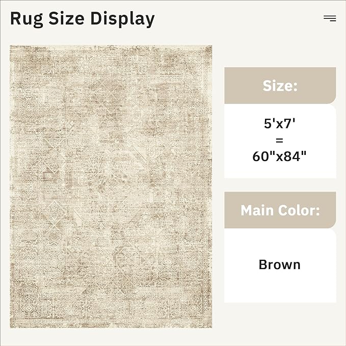 Soalmost 5x7 Area Rugs Light Brown Washable Trendy Faded Style Floral Rugs | Vintage Non-Slip Indoor Accent for Bedroom Dining, Foldable Stain Resistant Floor Carpet Mat Under Table Home Office Decor