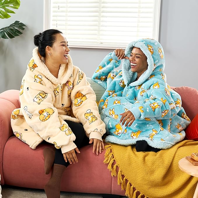 Giggling Getup Wearable Blanket Hoodie for Adults Gifts for Teen Girls Sister Women Sherpa Fleece Printed Hooded Blanket Sweatshirt Warm Cozy with Pocket & Sleeves Blue Corgi