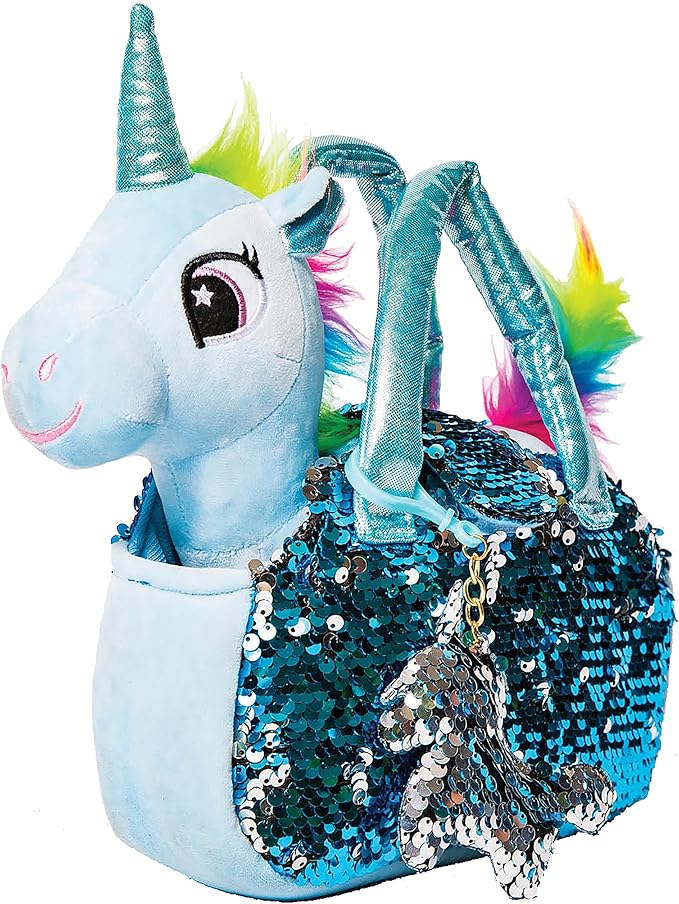 Little Jupiter Plush Pet Set - Unicorn Toys - Unicorns Gifts for Girls - Stuffed Animal for Kids - Plush Toy - w/Reversible Sequins & Charm Age 4-7 (Light Blue Unicorn)
