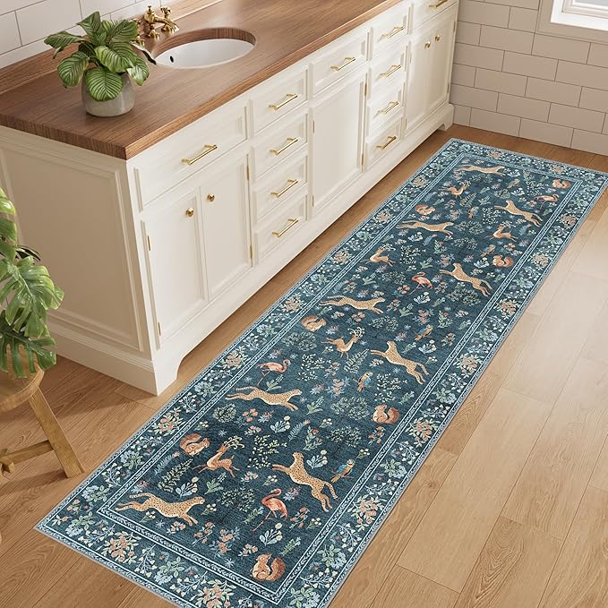 DUKINO 2x10 Kitchen Runner Rug, Soft Non Slip Animal Washable Rug, Blue | Low Pile, Non-Shedding Indoor Carpet Runner for Hallway, Entryway, Bedroom, Bathroom, Laundry, Pet Friendly, Stain Resistant