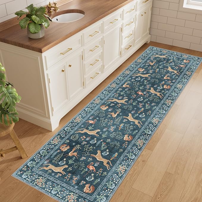 DUKINO 2.6x8 Rug for Hallway, Washable Kitchen Runner Rug Non Slip, Blue | Low Pile, Stain Resistant, Soft Animal Indoor Carpet Runner for Entryway, Bedroom, Bathroom, Laundry, Lightweight, Home Decor