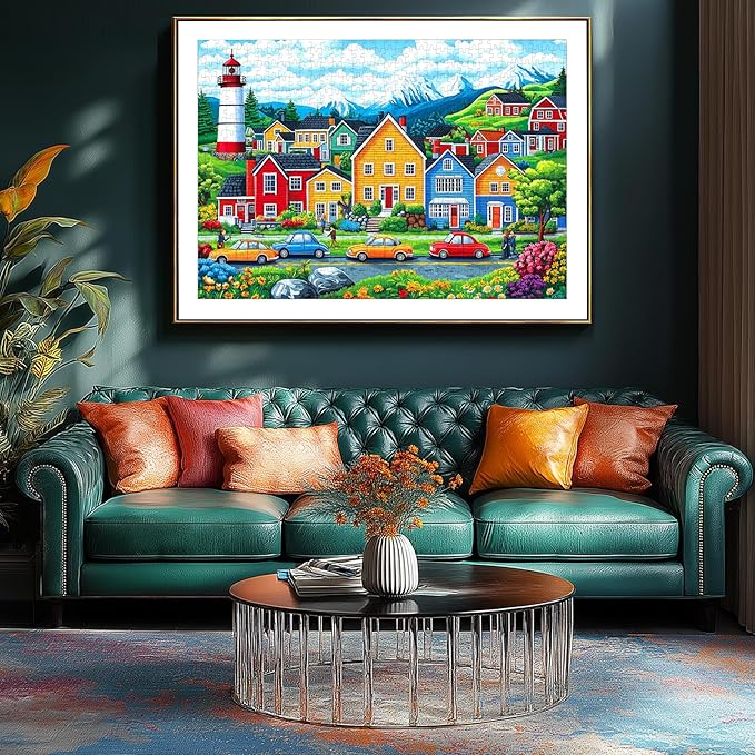 Blueforest 1000 Piece Jigsaw Puzzle for Adults - Coastal Village Scene: Colorful Houses, Lighthouse & Mountain View, 27.5x19.7 Inch Large Puzzle, Challenging Hard Difficult Puzzles for Adults
